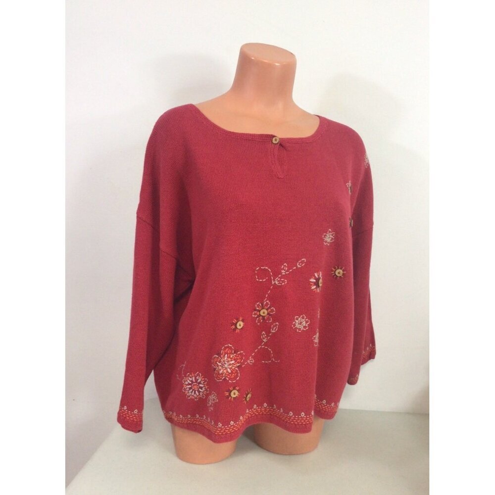 J Jill Linen Sweater Floral Embroidered Womens Large